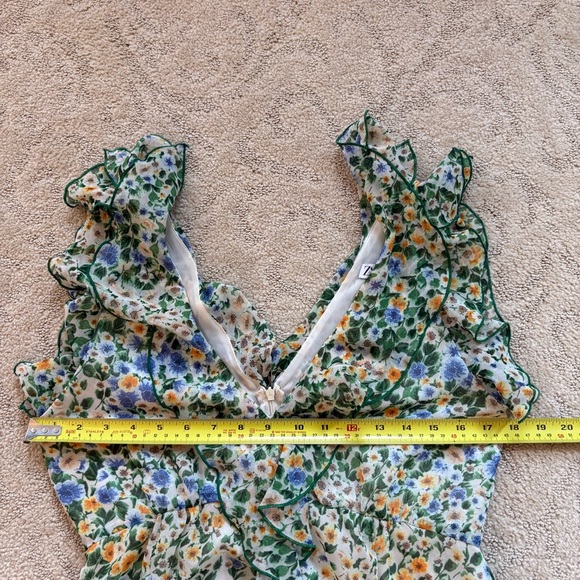 ZARA Floral Chiffon Midi Dress Green Yellow Ruffle Slit Size Small Romantic EUC - Picture 10 of 11
